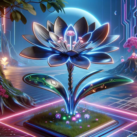 DALL&middot;E 2024 06 11 09.18.28   A futuristic flower in a vibrant and imaginative setting. The flower has metallic petals with a sleek, reflective surface, glowing neon edges, and an  (1)